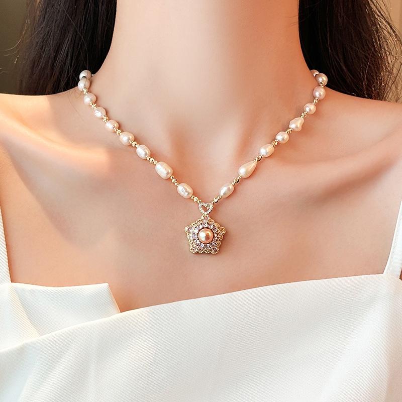 Baroque Rice Grain Freshwater Pearl Necklace Women S Micro-Inlaid Zircon Flower Rotable Light Luxury Atmospheric Sweater With Accessories