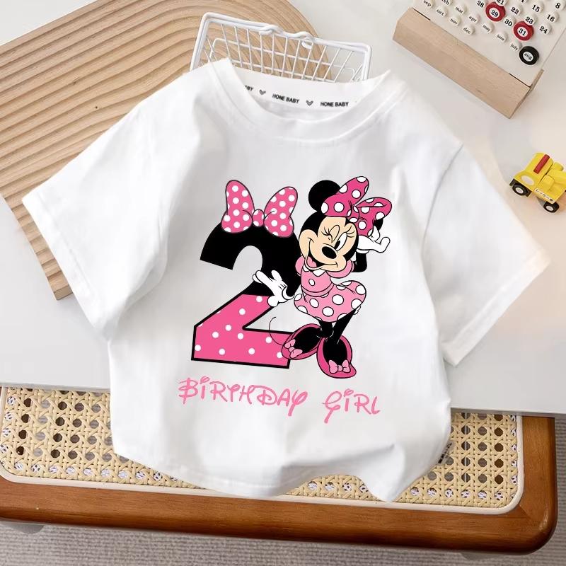 Tričko k narozeninám s Minnie Mouse Číslo Roztomilý Kreslený Dívčí Párty Oblečení Batolecí Vrchní Díly Letní Bavlněná Trička s Krátkým Rukávem Dětské Dárky