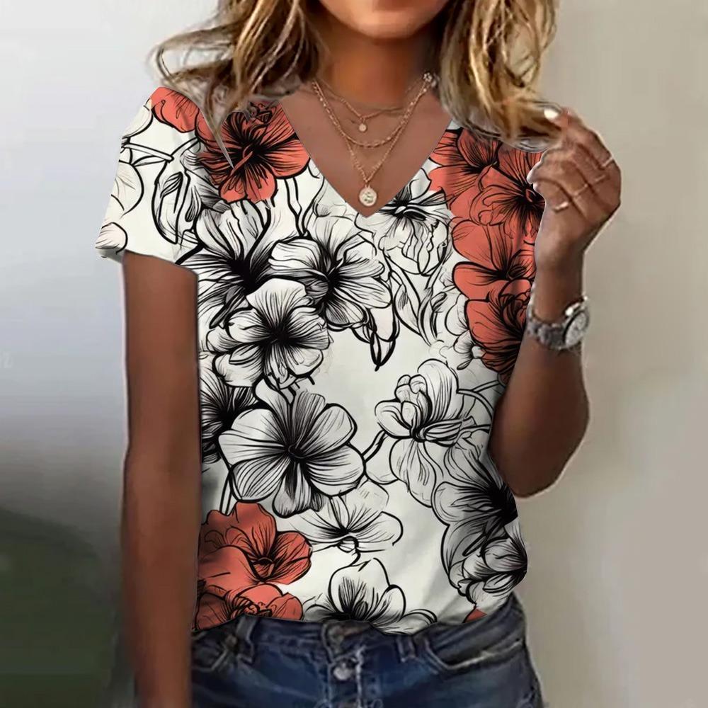 Summer Women s Fashion V-neck Short-sleeved Floral Print Blouse Casual Loose Clothing Elegant Women s T-shirt S