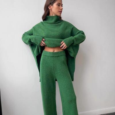 European Goods 2025 Autumn and Winter New Thin Knitted Suit Women's Thickened Loose Turtleneck Sweater Wide-leg Pants Two-piece Set Trendy