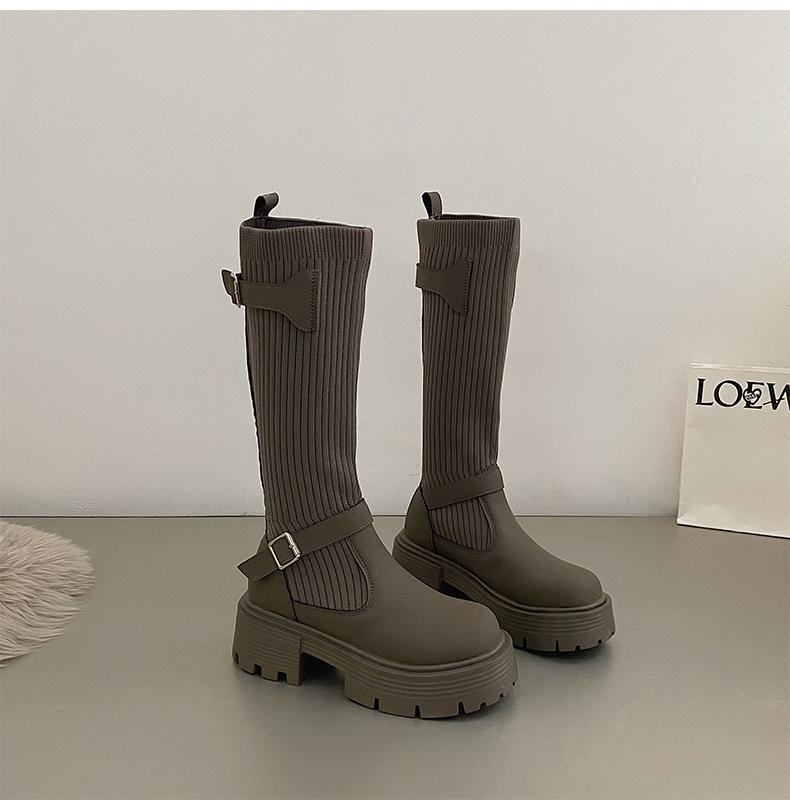 Módní dámské dlouhé boty Nové pletené elastické boty Retro dámské vysoké boty na silné podrážce Boty ke kolenům Elegantní boty a dámské boty