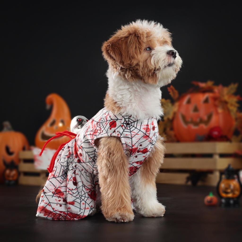Halloween Dog Dress, Bloody Spider - Web Print Outfit with Skull Headpiece, Spooky and Adorable Dress for Small Dogs Cats Pets