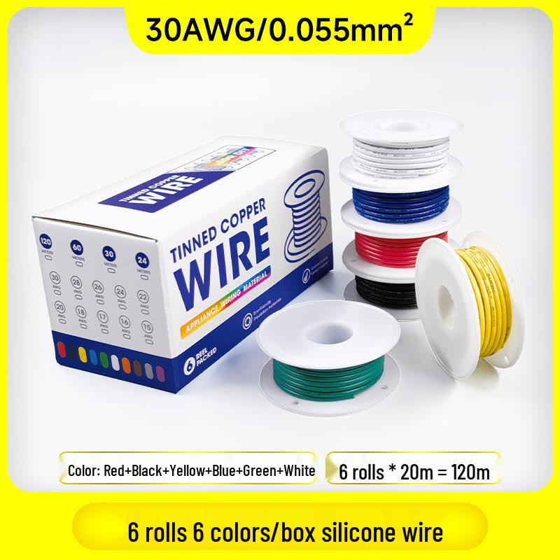 6 Rolls 6 Colors Special Soft Silicone High-Temperature Resistant Wire, 30-16AWG for Model Aircraft