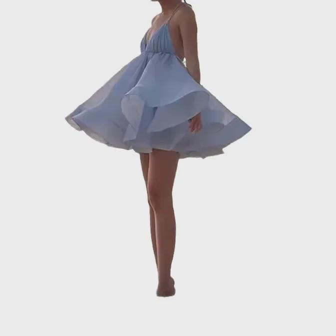 "2024 European & American Sweet Puff Skirt with Deep V, Long Sleeves, and Waist-Revealing Design"