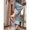 Women's Blue Lace Trim Petite Jeans - Loose Fit Straight Leg - 2026 Spring/Summer Collection