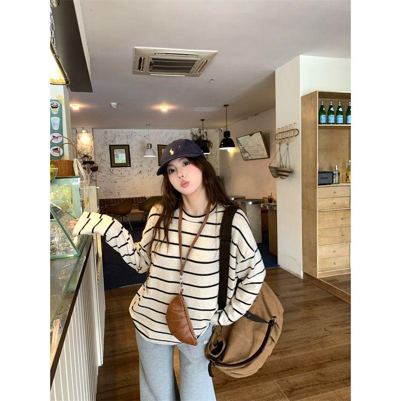 Lazy round Neck Pullover Long Sleeves T-shirt Elegant Bottoming Shirt Women's Autumn Loose Easiest for Match Casual Contrast Color Stripes Tops