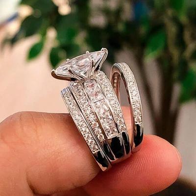 Huitan Sparkling 3Pcs Rings Set Luxury Brilliant Marquise Cubic Zirconia Jewelry for Wedding Bridal Delicate Women Accessories