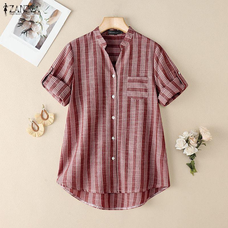 ZANZEA Women Casual V-Neck Summer Short Sleeve Stripe Blouse