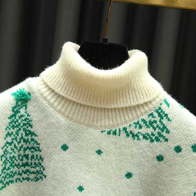 Christmas Red Turtleneck Sweater Women's Autumn Winter Vintage Casual Loose Pullovers Long Sleeve Christmas Tree Knitted Tops