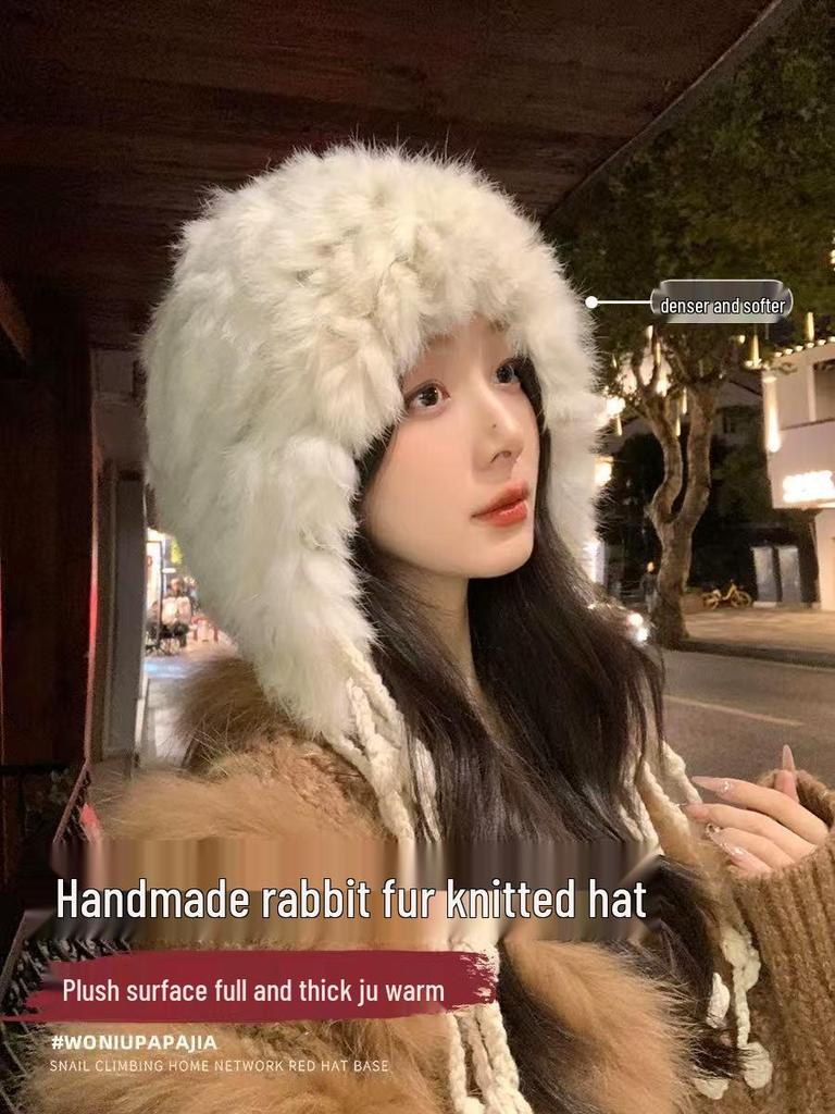 Damen Handgemachte Häkelmütze aus Kaninchenfell: Weiches, Warmes, Ohrenschützendes Plüsch für Herbst und Winter