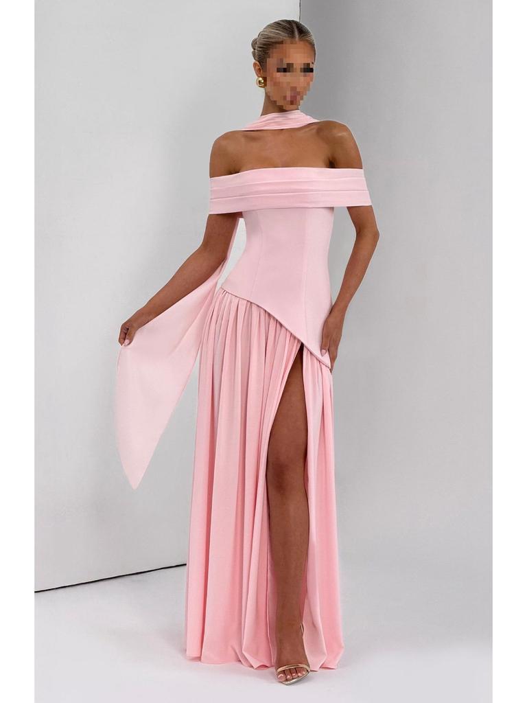 One-Shoulder Patchwork Open-Back Turtleneck Slimming Dress