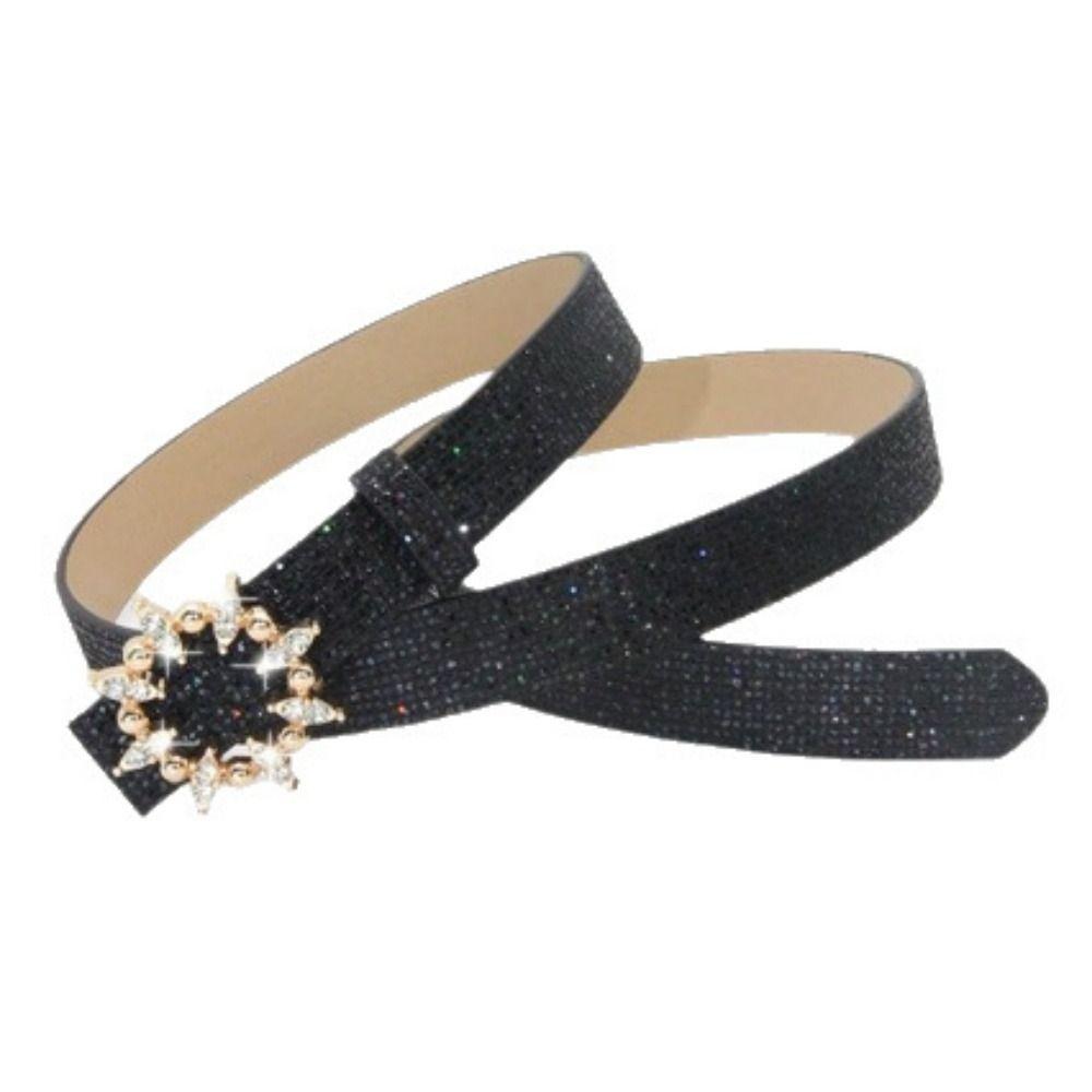 Fashion Bling Bling Sparkling Rhinestone Belt Versatile Luxury Brand Design Slide Buckle Belt Glitter PU Leather Belt Women