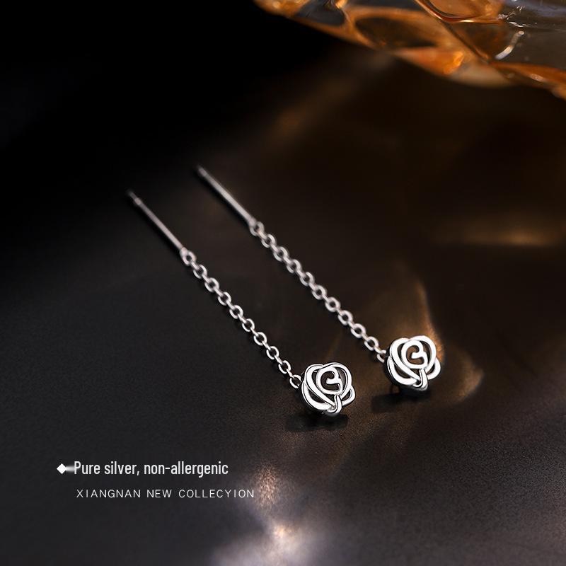 925 Sterling Silver Rose Flower Threader Earrings for Women - Summer 2022 Trend, Niche Design