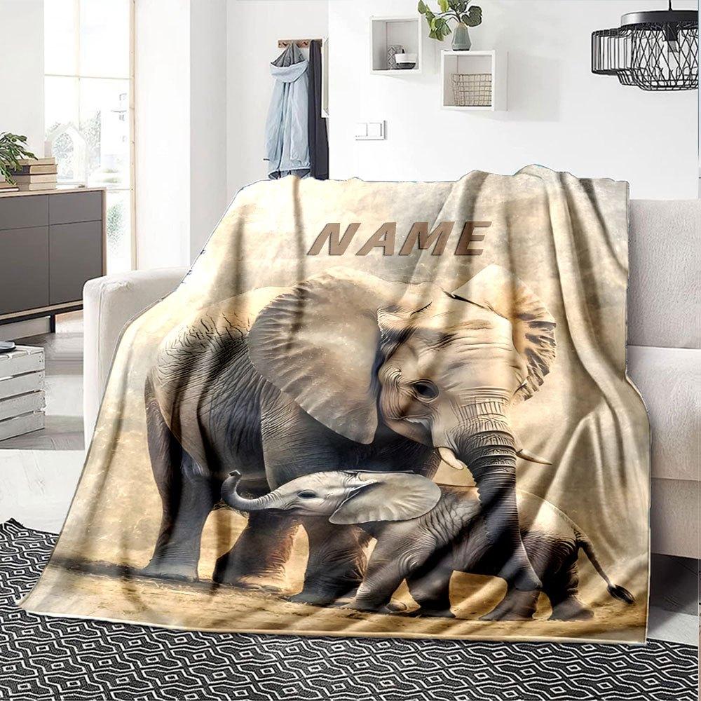 Elephant And Calf Walking Together In A Ured Background With Overlay Gift Customizable Blanket Personalized Name Comfortable Suitable For Sofa Couch