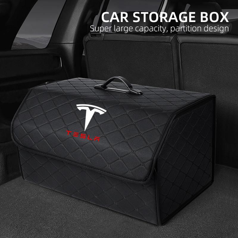 PU Leather Car Trunk Storage Box Automobile Stowing Tidying Box For Tesla Model 3 Model X Y Style Roadster Auto Accessories