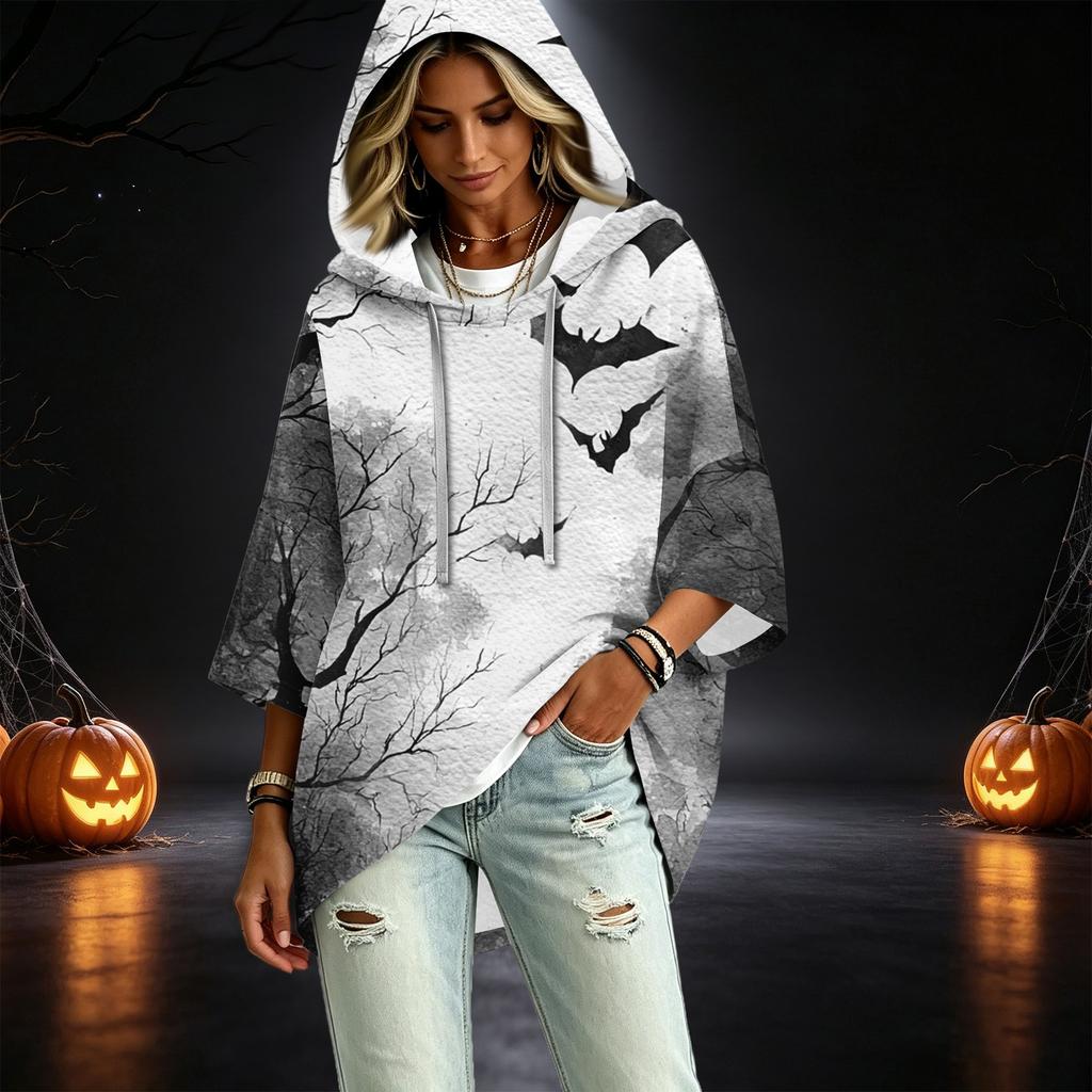 Women's Fashionable Three-Quarter-Sleeve Halloween-Printed Hooded Pullover