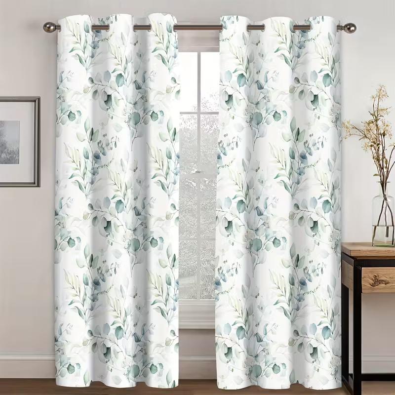 2 Pcs Green leaves print Perforated curtains  suitable for bedroom  living room kitchen decoration  home decoration  window decor