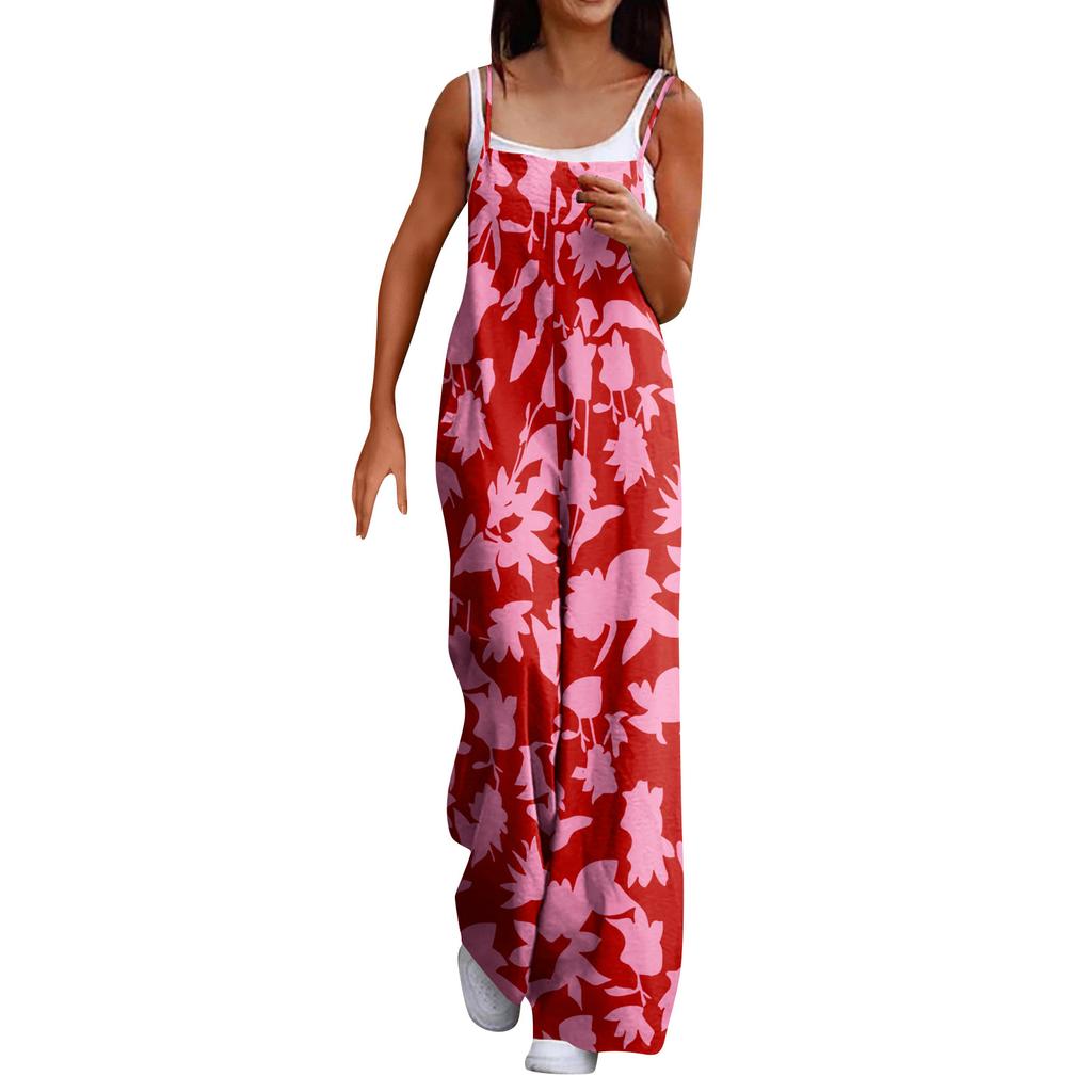 Wide Leg Overalls For Women Casual Loose Sleeveless Print Button Long Pant Romper Jumpsuit With Pockets