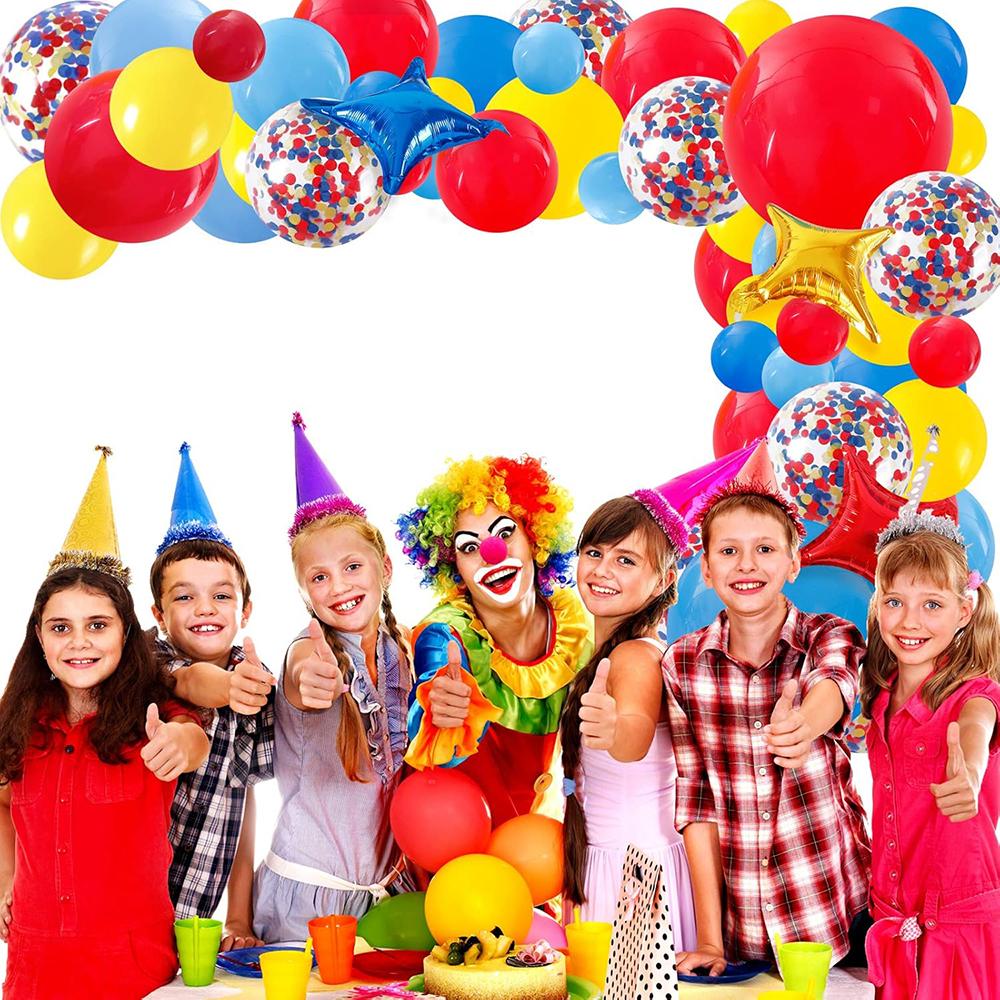 97pcs Guirlande de Ballons Carnaval Cirque Rouge Bleu Jaune Ballon Confetti Kit Arche de Ballons Thème Carnaval Décoration de Remise de Diplôme Anniversaire