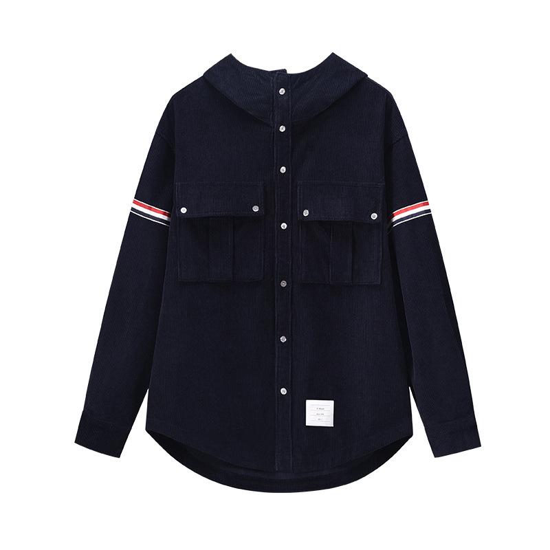 Autumn 2025 Corduroy Hooded Jacket with Red, White & Blue Stripes