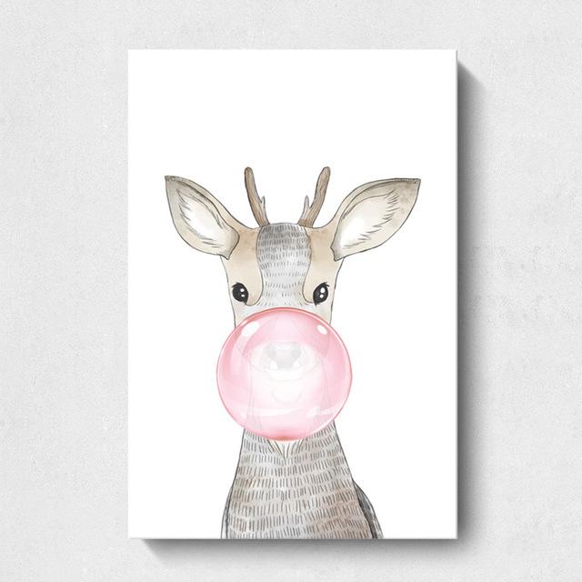 Decorative Painting Animal Bear Deer Blowing Balloon Nordic Animal Blowing Bubble Hanging Painting Wall Picture for Living Room