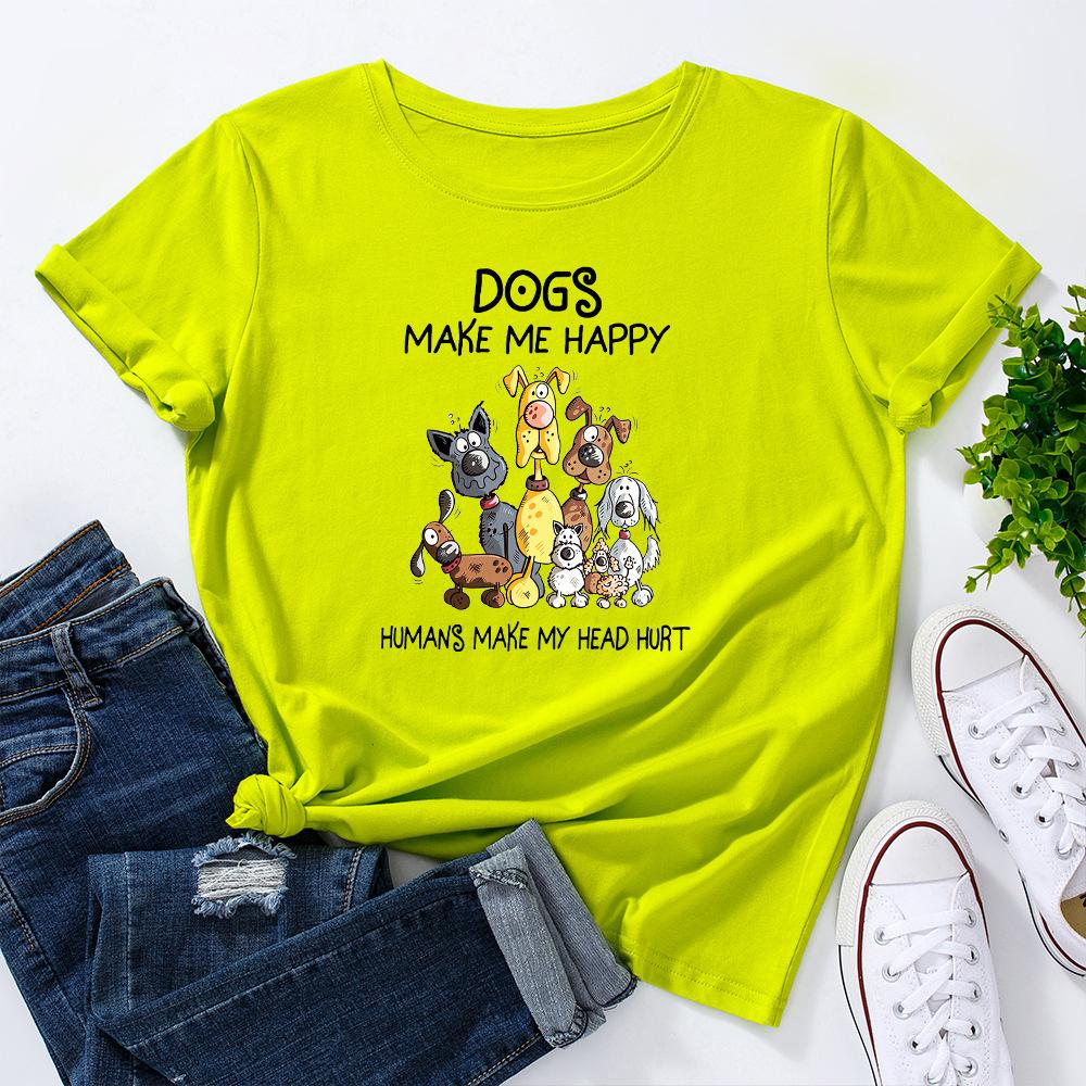 Dogs Make Me Happy Cotton T-Shirt Short Sleeve Round Neck Women 2d Print Tops