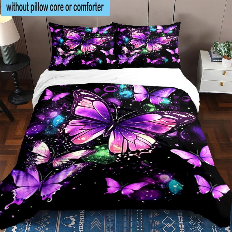 Purple Butterfly Dreams 3pcs Bedding,Including 1pc Duvet Cover And 2pcs Pillowcases Perfect for Christmas,Ideal for Bedroom, Dormitory