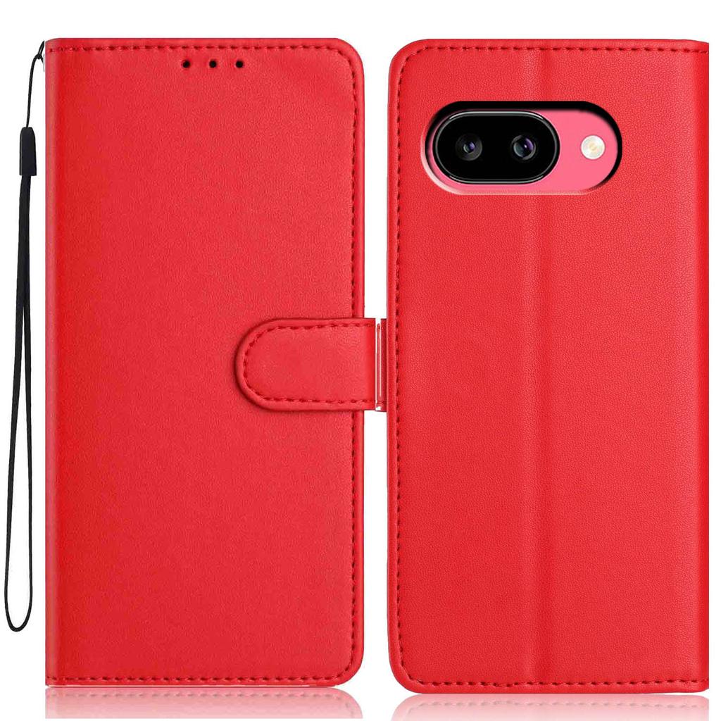 For Google Pixel 9a Wallet Case with Strap/Multiple Card Slots Solid Color Leather Stand Phone Cover