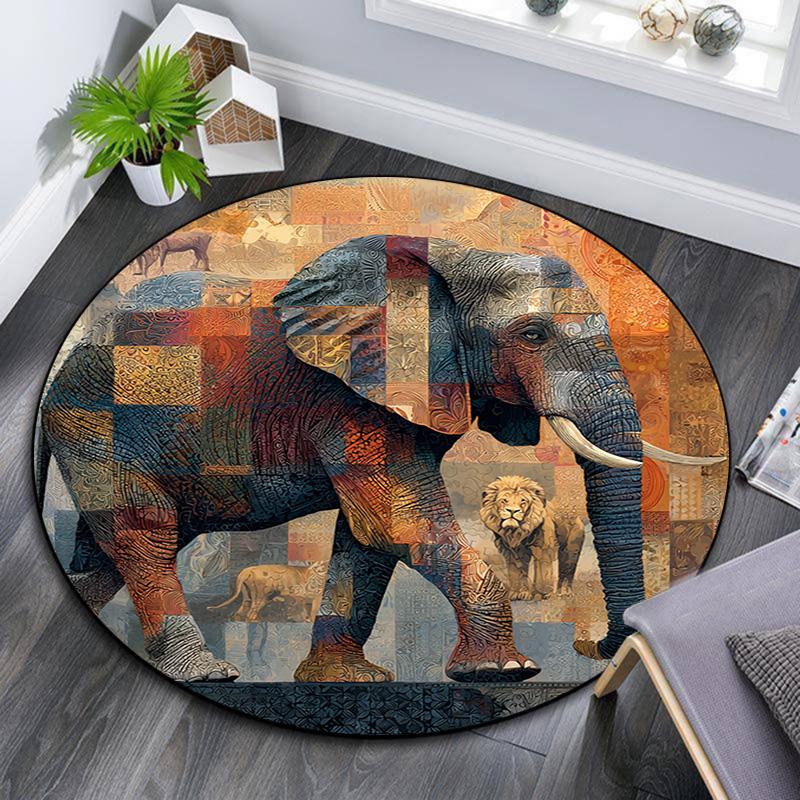 Elephant Round Area Rug,Carpet Rug for Living Room Bedroom Sofa Playroom Decor,Non-slip Floor Mat