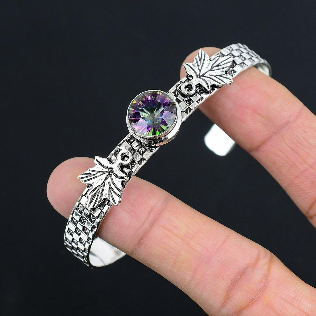 925 Sterling Silver Round Natural Rainbow Mystic Topaz Sister New Bangle Jewelry