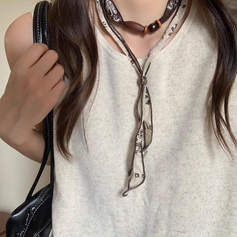 Cashew Nut Silk Scarf Fabric Beaded Necklace for Women - Small-scale Design, Stylish Sweater-style Choker Chain Necklace
