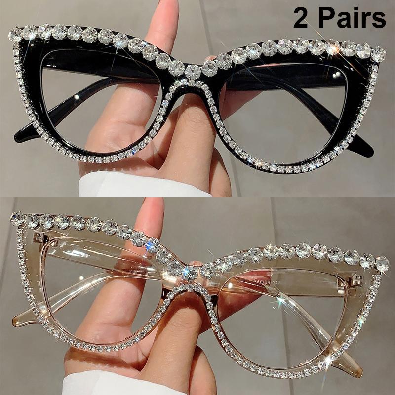 2 Pairs Vintage Cat Eye Glasses with Rhinestones Women Stylish Blue Light Blocking Optical Frames Trendy Design Decor Eyeglasses
