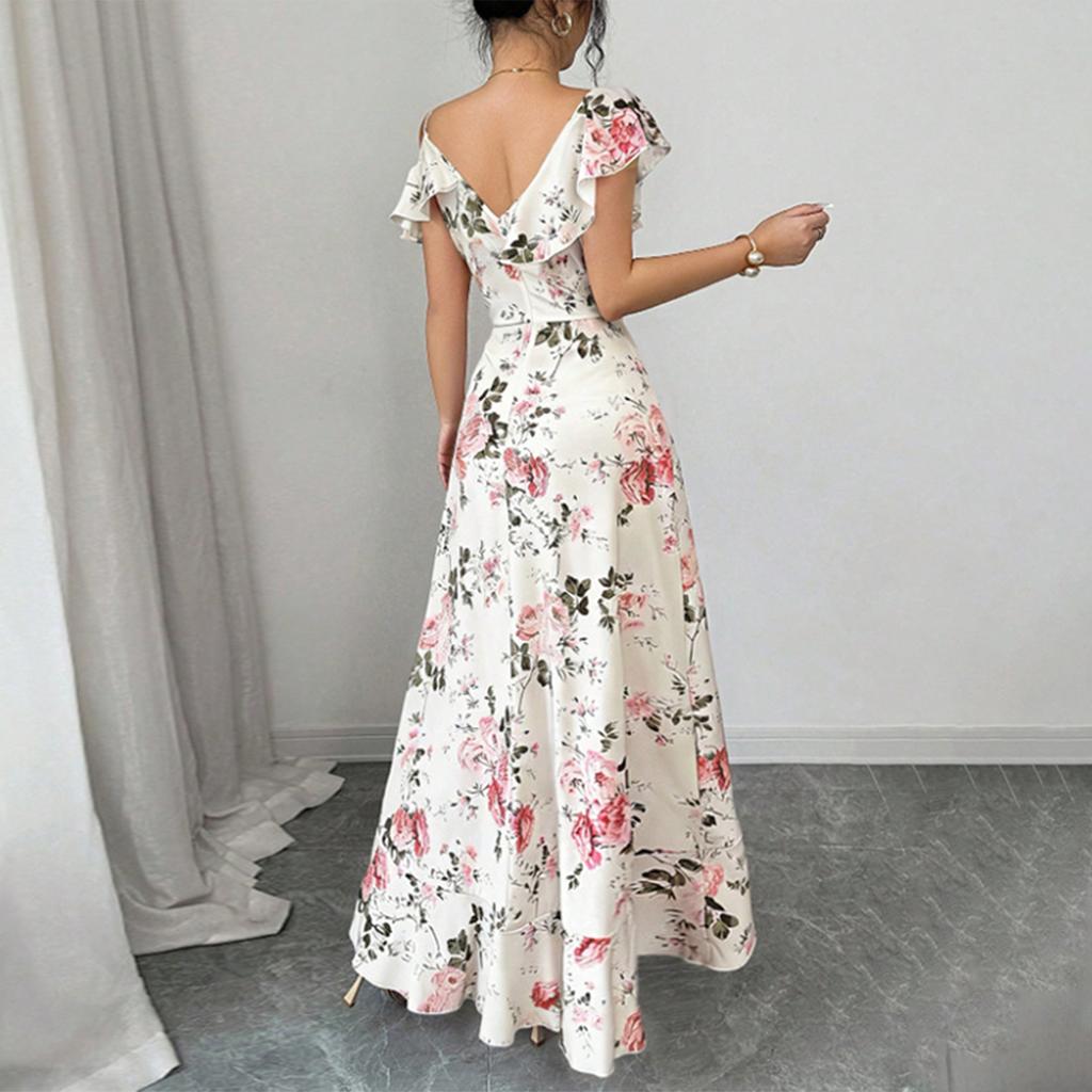Women's V Neck Floral Print Ruffle Trim Midi Dress Sleeveless Summer Vacation Casual Elegant Dress for Outdoor Events