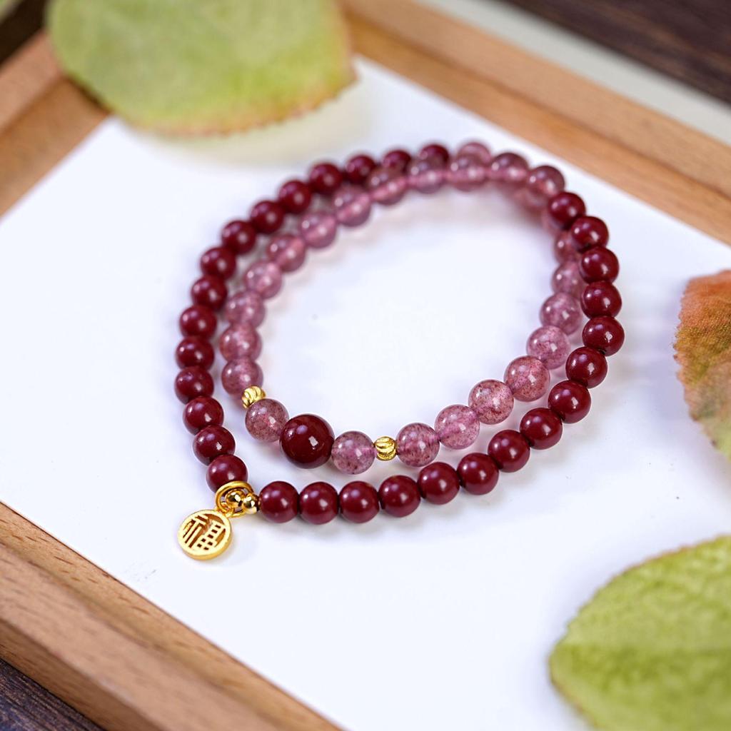 Damen Zinnober Erdbeerkristall Perlenarmband: Buddhistischer Schmuck im Retro-Stil