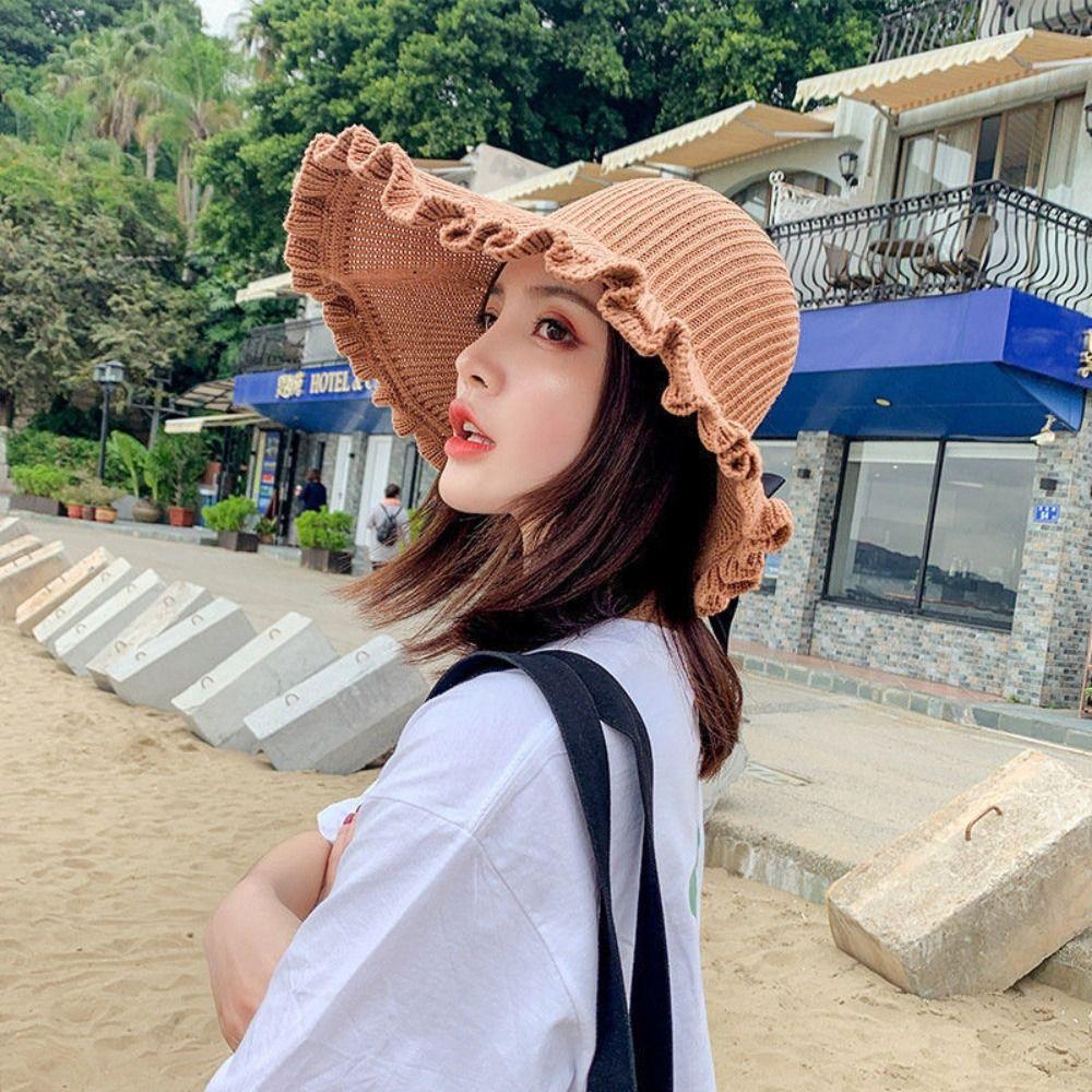 Summer Big Bows Ruffle Brim Cap Fordable Bucket Panama Caps New Knitted Free Top Sun Hat