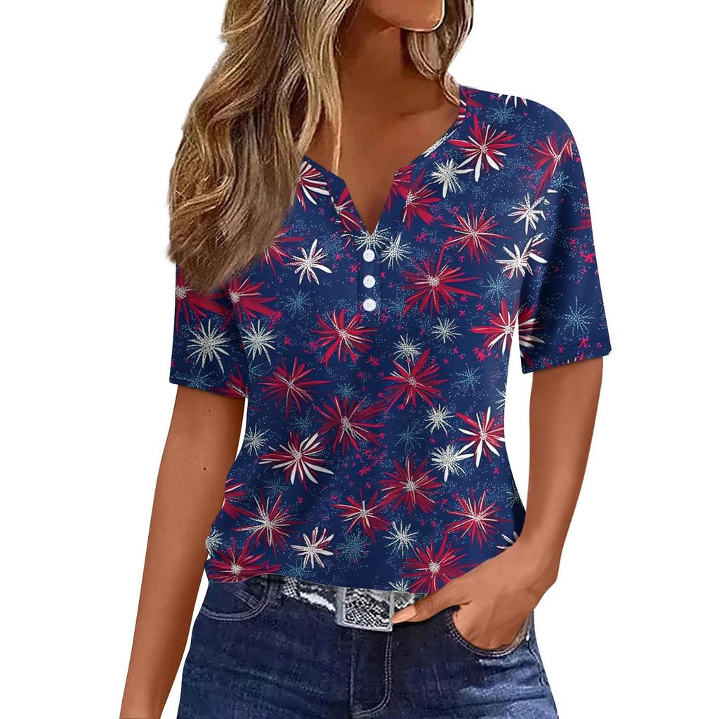 Women's Fashion Casual Independence Day Printed V-Neck Short Sleeve Button Top