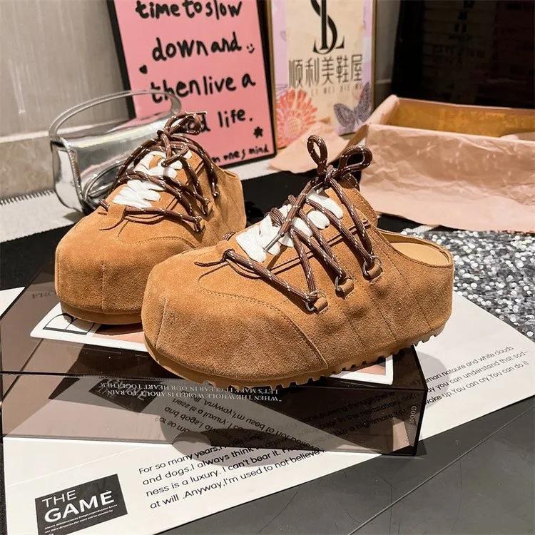 

Женские мюли на платформе с закрытым носком, шнуровкой в качестве декора, женские шлепанцы, платье, коровья замша, корейский стиль, повседневные, zapatillas de mujer 40 верблюд