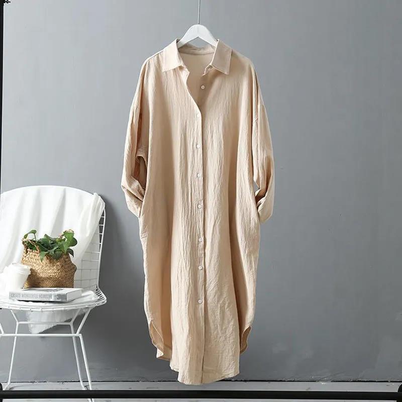 Women's Sun Protection Shirt Long Sleeve Cotton Linen Midi Dress Women All Loose Casual Comfortable Buttons Dresses for Women Robe Femme