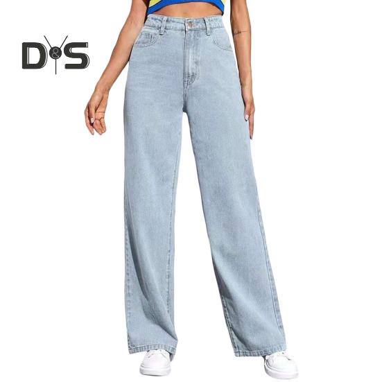 

Женские прямые расклешенные джинсы с высокой талией, застегивающиеся на молнию, однотонные джинсовые брюки с карманами для повседневной носки, школьные поездки на работу S