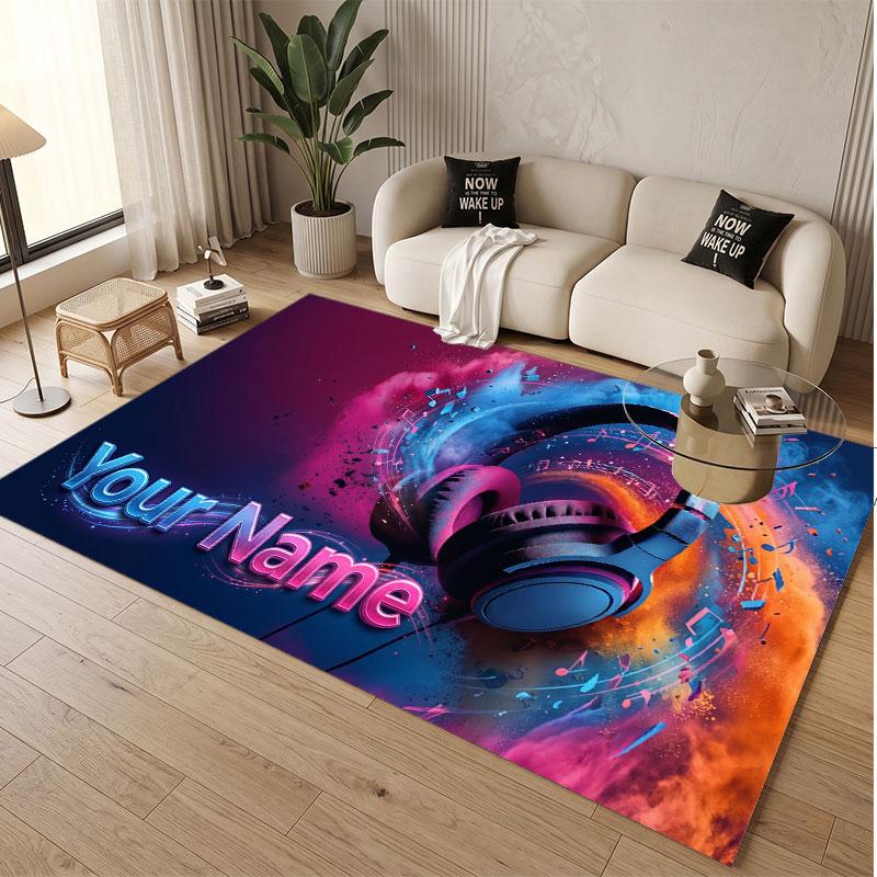 Music DJ Theme Soft Crystal Velvet Rug Custom Name & Text Print Non Slip Floor Rug for Bedroom Living Room