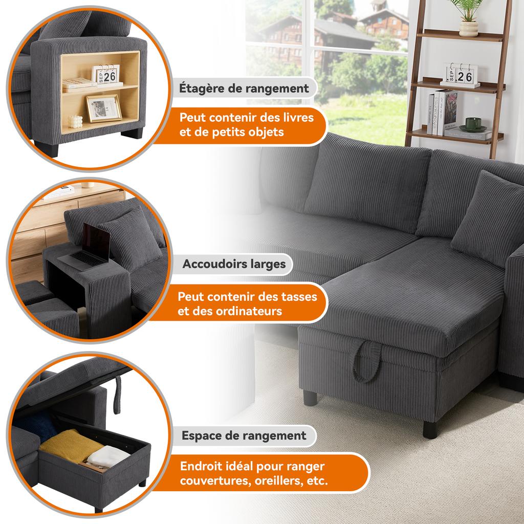 Folding Sofa with Sleep Function, L-Shaped Convertible Corner Sofa with USB Charging Port and Cushions, 3-Seater with Side Shelves and Storage Space
