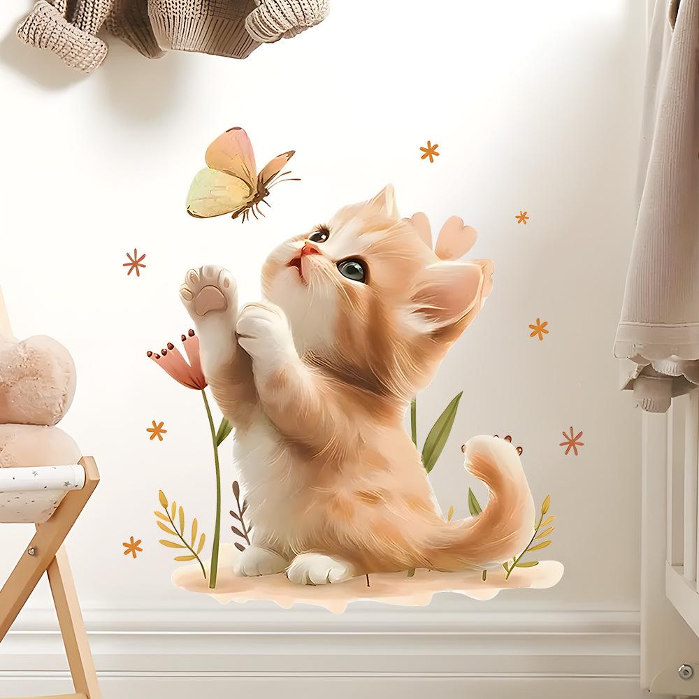Cute Orange Cat with Butterfly Removable Waterproof Wall Stickers, Self-Adhesive Decor for Kids Room Bedroom Decoration