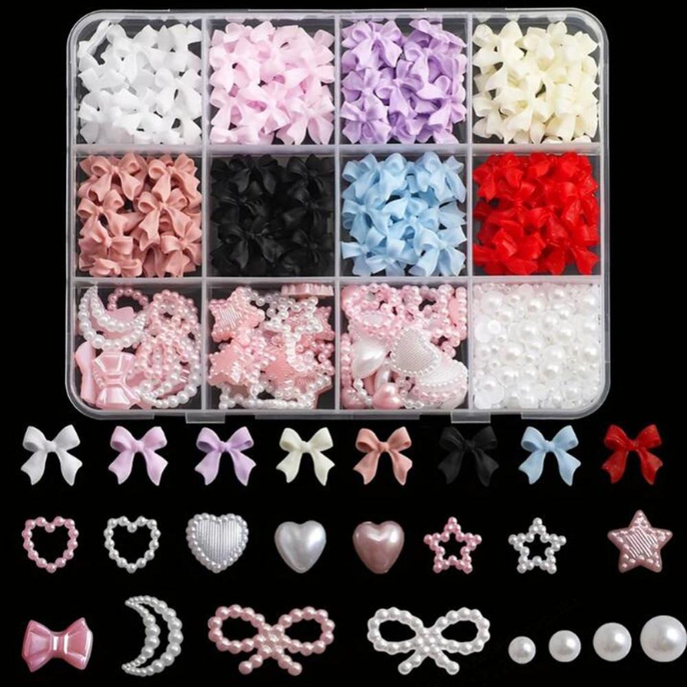 12Grids/Box Mixed Resin Bowknot Nail Charms 3D Colorful Bow Kawaii Rhinestone Nail Art Decorations DIY Manicure Parts Pen Tweeze