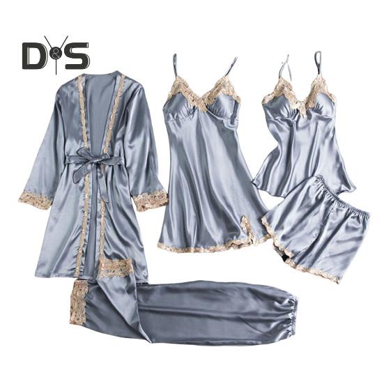 5 Pcs/Set Women Pajamas Set Nightgown Nightdress Top Shorts Pants Set Silky Satin Lace Patchwork Loose Lace-up Waist Thin Women Homewear Set