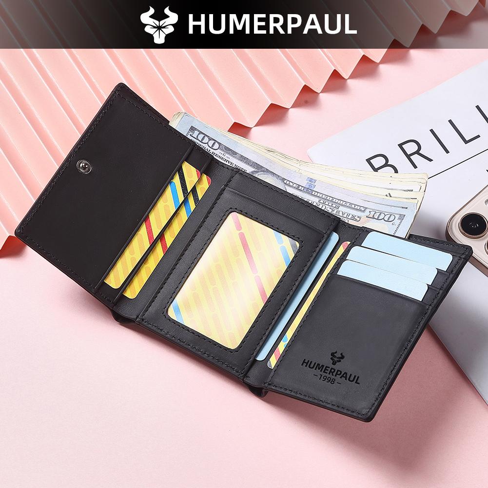 Humerpaul Ladies First Layer Cowhide Three-folding Wallet RFID Anti-theft Brush Portable Wallet Multi-card Slot Large-capacity Multi-compartment