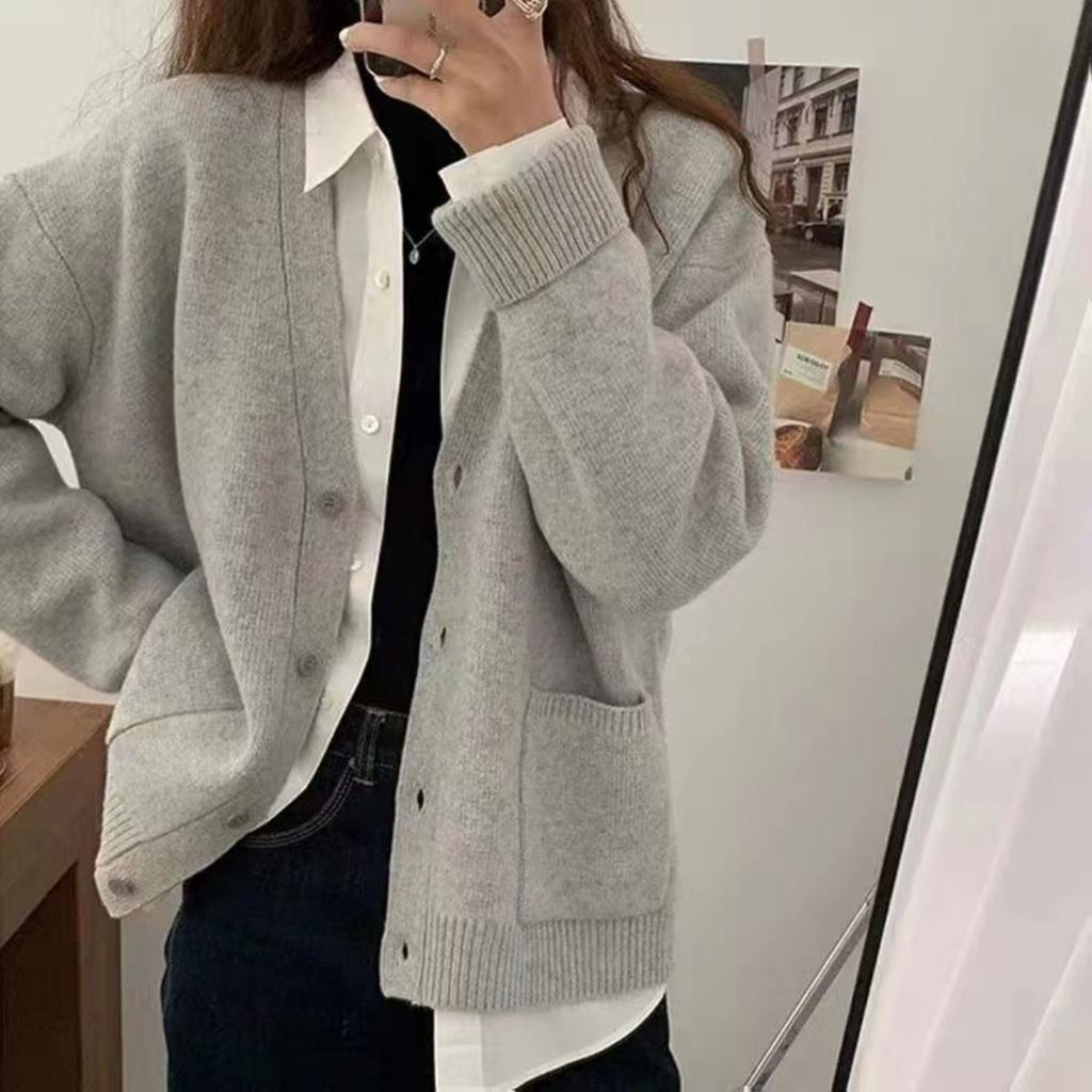 Korean Spring and Autumn Sweater Women's Wear Loose Western Style Lazy Style Solid Color Knitted Cardigan Coat
