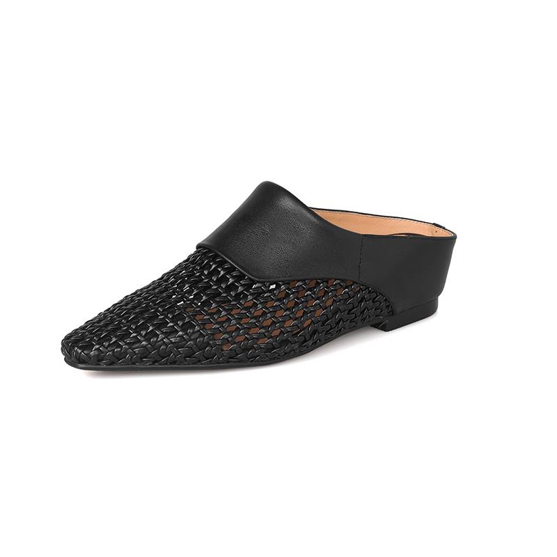 

Модные НОВЫЕ Летние Женские Мюли из Спилковой Кожи, Женская Обувь с Закрытым Носком на Тапочках-Танкетке, Сандалии Слингбэк с Острым Носком, Повседневная Плетеная Обувь 34 чёрный