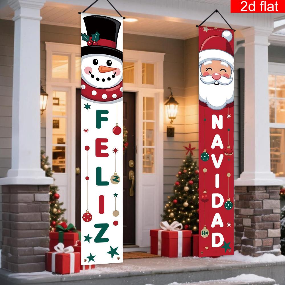 1 Pair Christmas Hanging Banner, 'Feliz Navidad' Doorway Decor with Cute Santa Claus and Snowman, Elegant Outdoor Indoor Decor