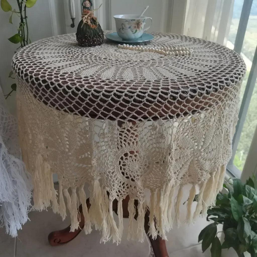 Pure Cotton Handmade Crochet Tablecloth Beige Lace Hollowed Out Tabletop Cover Changliu  Home Decoration Dustproof Cloth