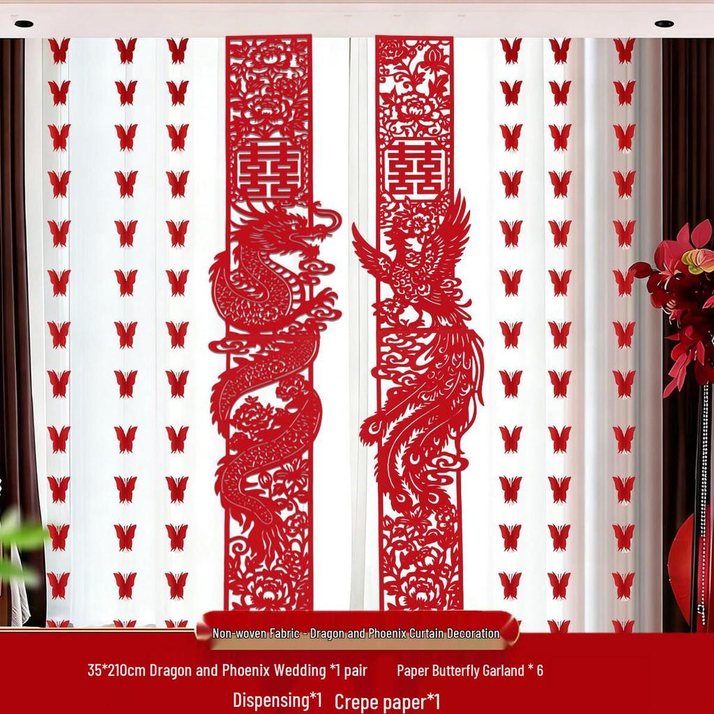 Wedding Room Décor Set: 'Xi' Character Curtains & Banners for Bride & Groom's Rooms